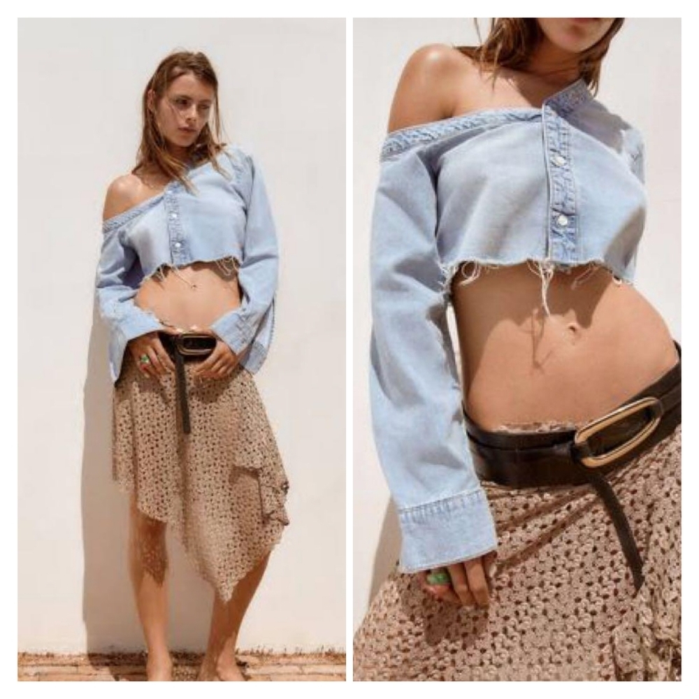 Zara 100% Cotton Off-shoulder Denim Top Size XL